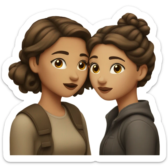 two girls are kissing, one of them has light skin and dark brown hair in a bun, the other has light skin and brown loose hair sticker
