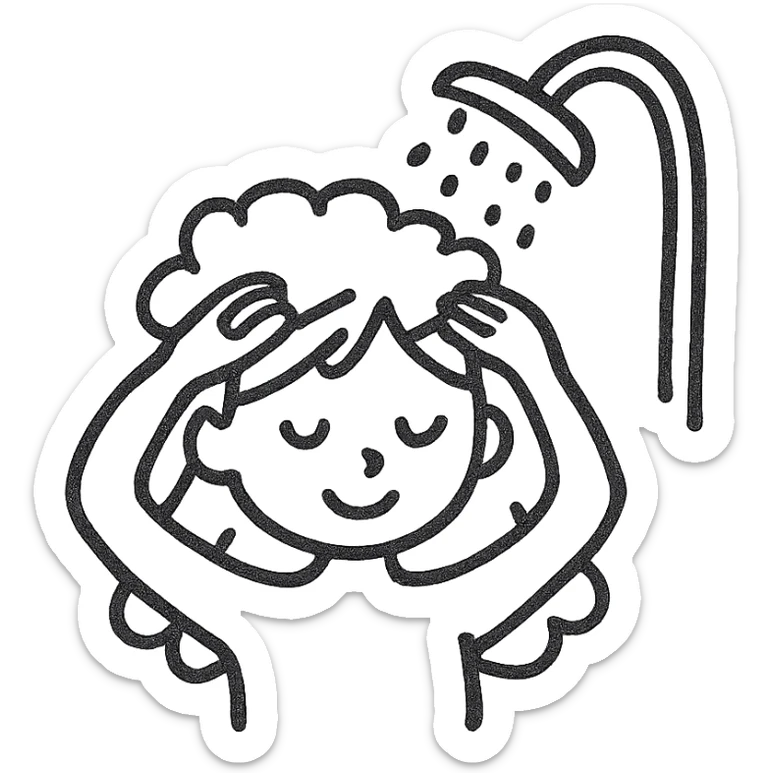 A girl washing her hair in a shower, clean aesthetic sticker