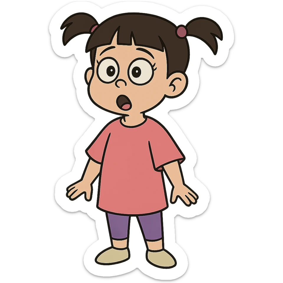 Boo from Monsters Inc, surprised expression, pigtails, pink t-shirt, purple leggings, cartoon style matching confident Mike Wazowski and Sulley sticker