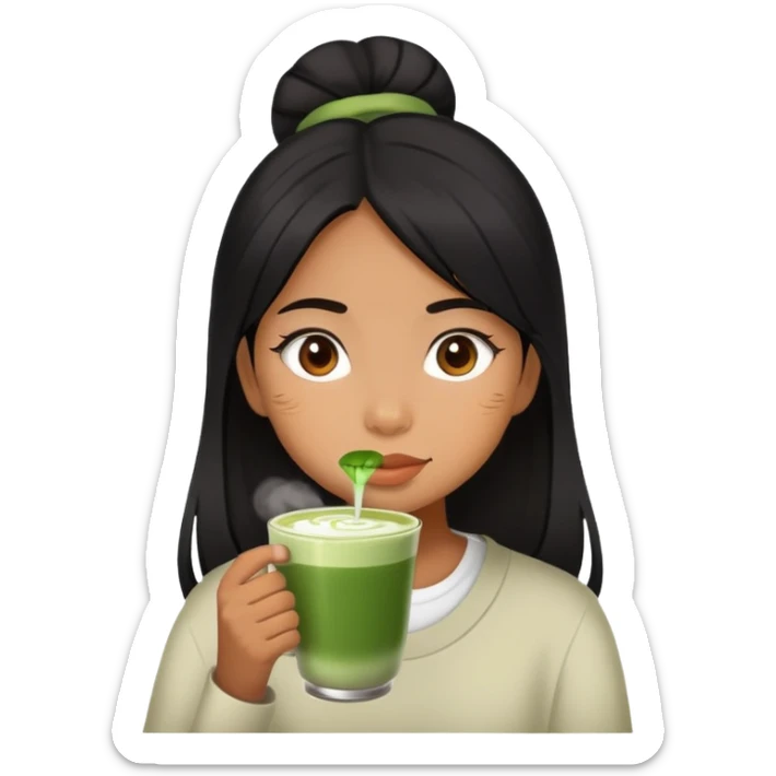 Filipino girl (brown skin, black hair) drinking matcha latte sticker