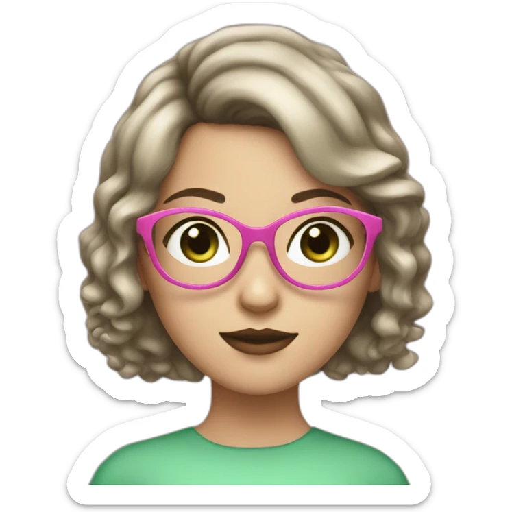 White Girl with pink glasses, green eyes, dark brown curly bob and fringe sticker