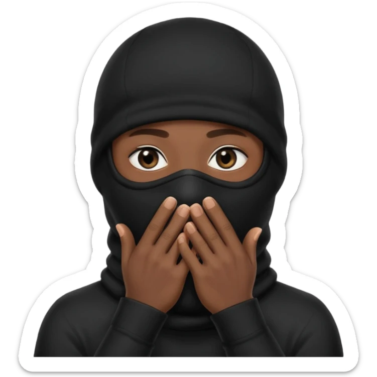 🥷🏽: inspire toi de cet emoji faisant en sorte qu’il est les mains sur la bouche et garde sa cagoule noir avec uniquement ses yeux apparent sticker