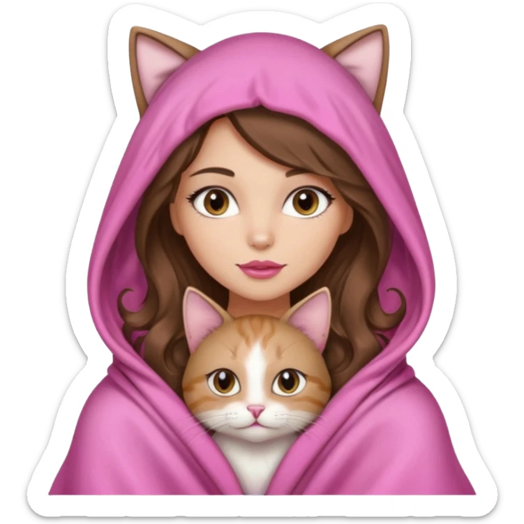 girl with long wavy brown hair, brown eyes, long lashes makeup, sexy pink lips, light to medium complexion, wearing a pink sexy silk top, big blanket over the head cozy holding a cat, no cat earn on the hood sticker