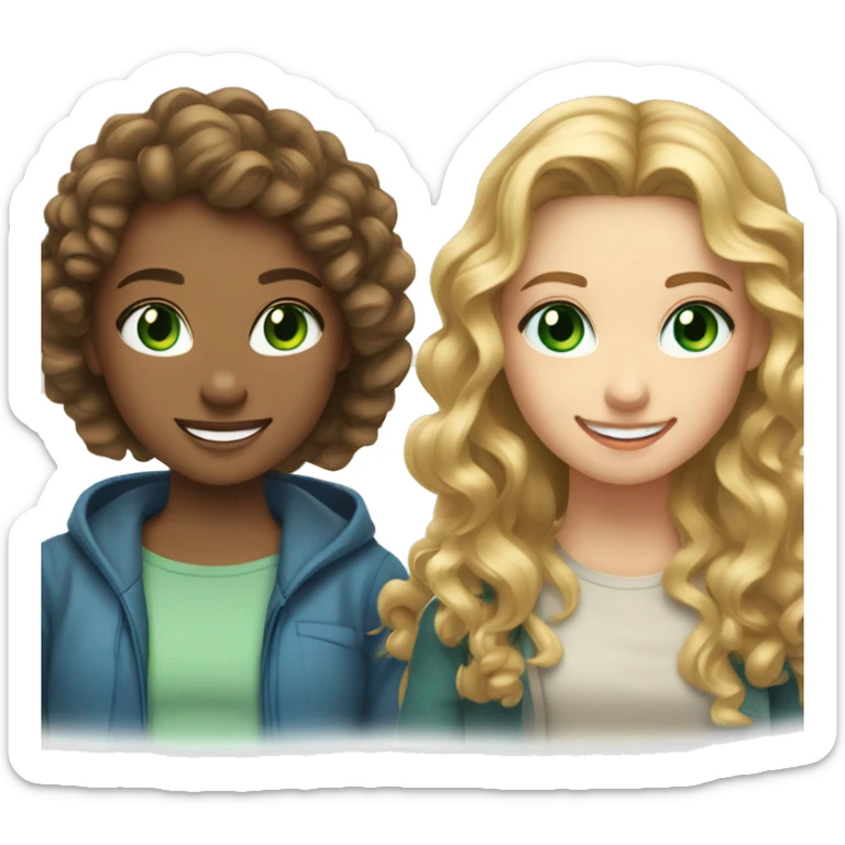 two girl hanging out, one with curly blonde hair and blue eyes and the other one with long brown hair and green eyes, both smiling sticker