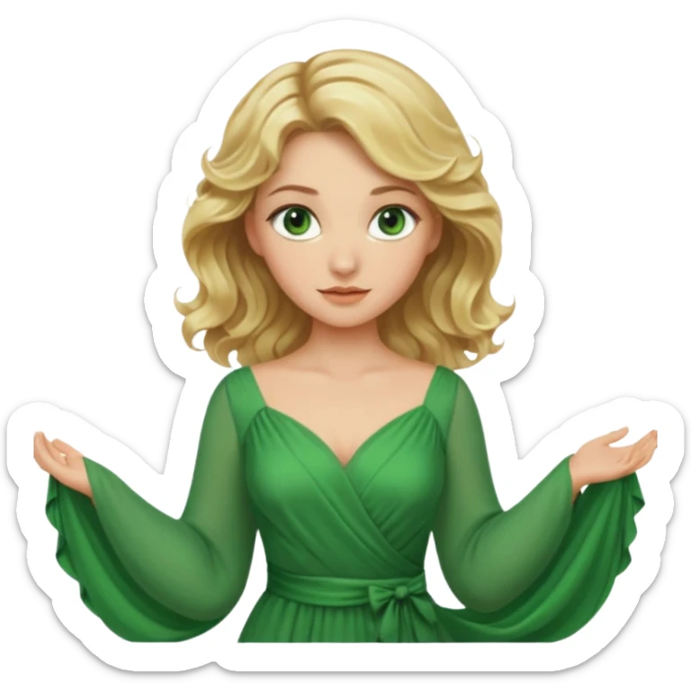Queen, blonde wavy hair, green eyes, long green dress sticker