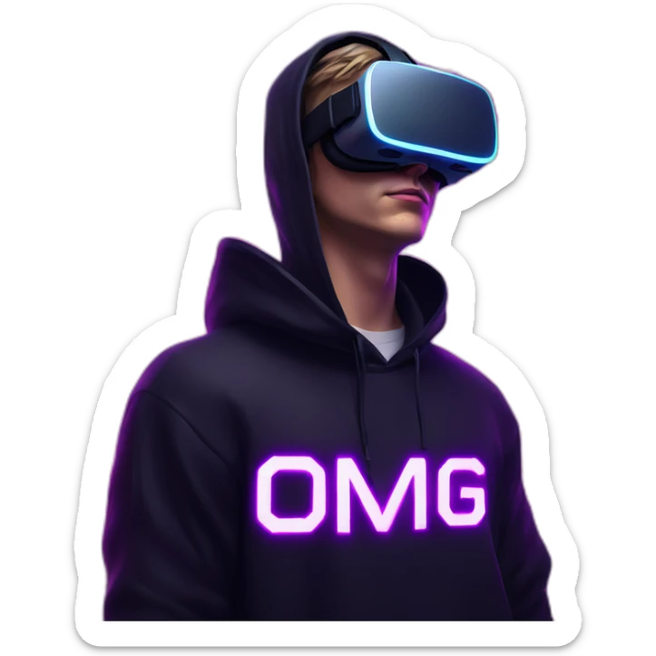 Russian young man wearing a black hoodie with "OMG" letters on it and VR headset in a cyberpunk VR environment with violet neon lighting. sticker