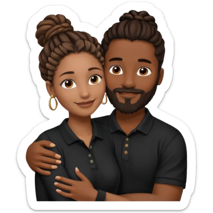 Couple emoji: smiling woman with brown skin, nose ring, makeup, hugging man with dark skin, beard, dreadlocks in a bun, wearing black polo. Warm, loving vibe. sticker