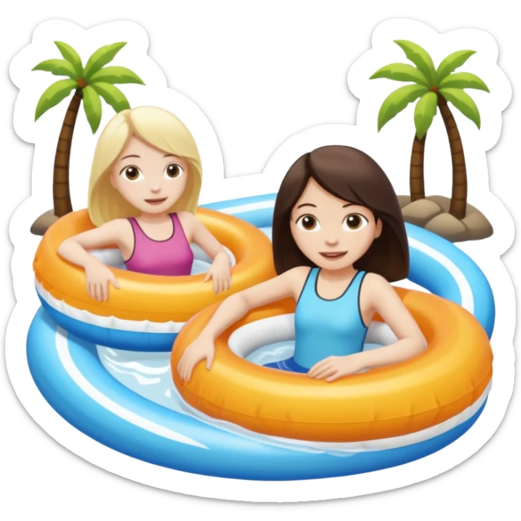 dark brown haired girl pale skin and blonde haired girl on the lazy river water slide 2 different circle floaties  sticker