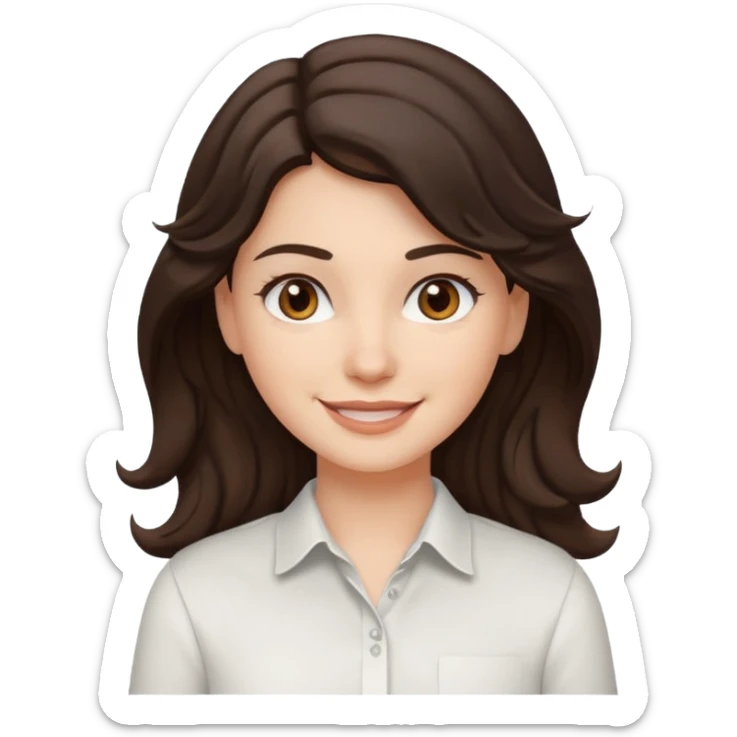 A White girl with wavy and dark hair, light brown eyes and a white shirt smiling sticker