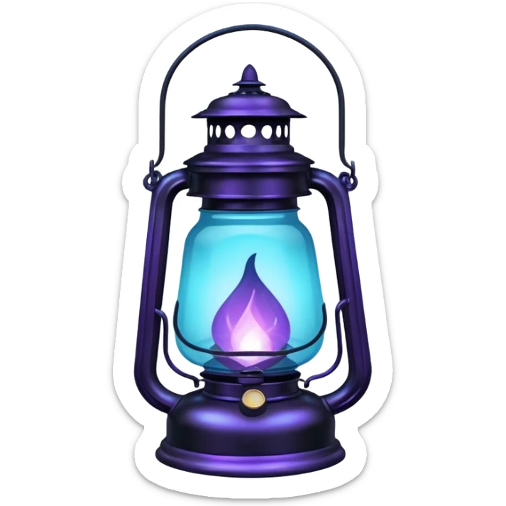 A black old wide big vintage lantern lamp with a glowing blue-cyan-purple-gradients flame inside  sticker