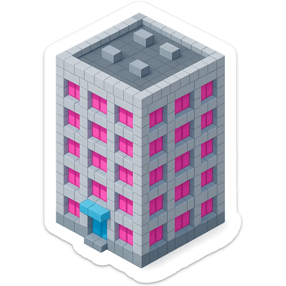 Russian panel apartment building, square block, light gray, pink windows, isometric view sticker