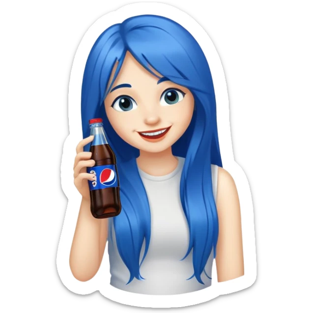 smiling girl long blue hair drinking a  bottle of pepsi sticker