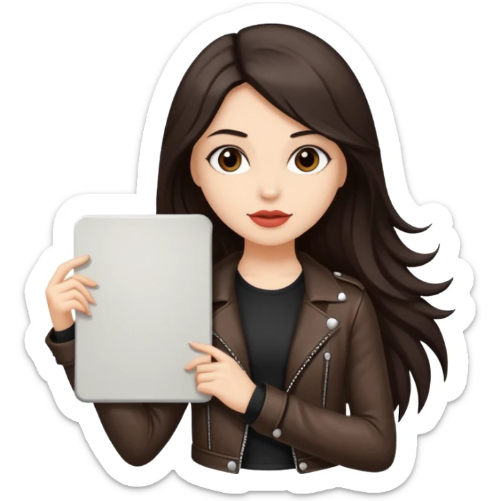 Fair skin long dark brown hair Rock n roll girl holding a large blank sign sticker