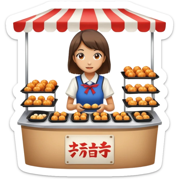 Japanese high school girl at cultural festival running food stall with takoyaki sticker