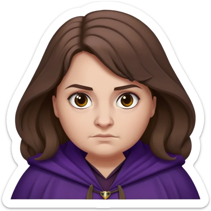 Alecto Carrow in harry potter, a woman fat, brown hair, tied hair, look evil, dark purple cloak sticker
