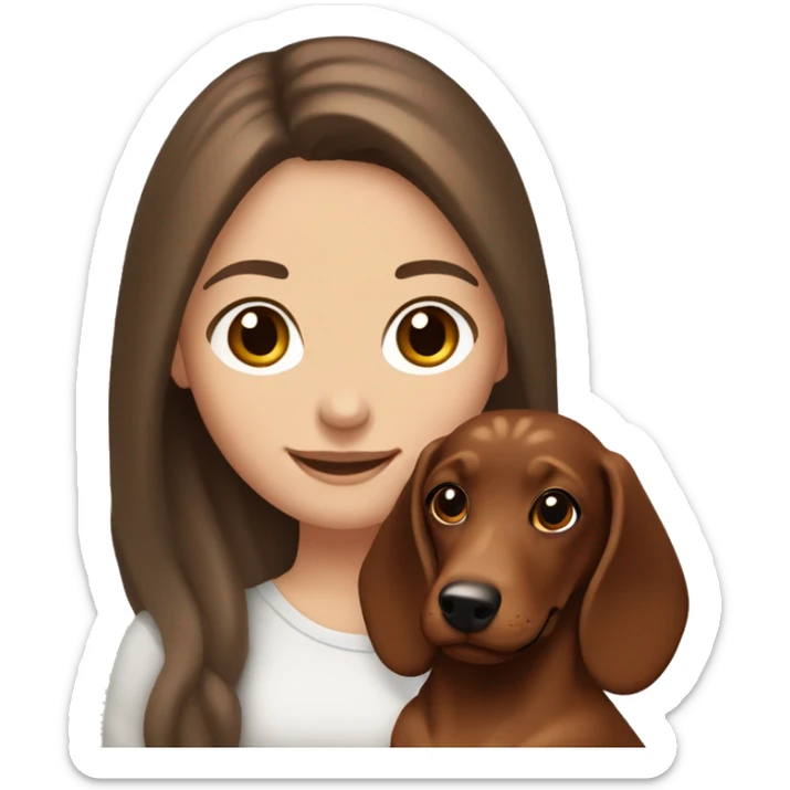 White girl long brown hair smiling and brown eyes with long eyelashes and holding a dachshund  in her arms sticker
