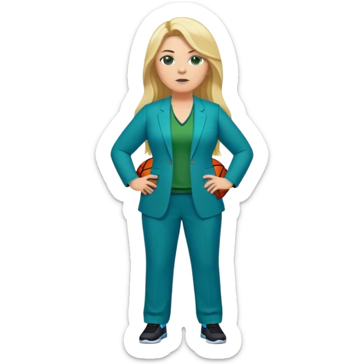 Full Body white plus size female basketball head coach with long blonde hair in a blue and green suit sticker