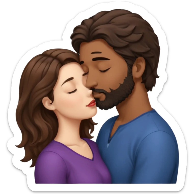 White woman (brown hair with eyes closed) kissing the top of the head (forehead) of brown man with black wavy hair (has a a beard with his eyes closed too). Woman has her lips to the forehead of the man, kissing him. sticker