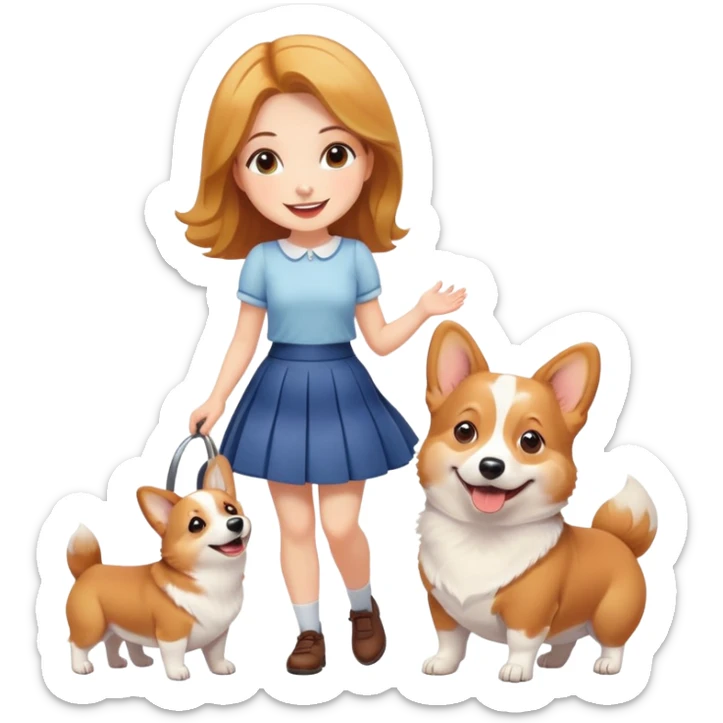 A beautiful girl with fair skin wearing a skirt and happily playing with corgi sticker