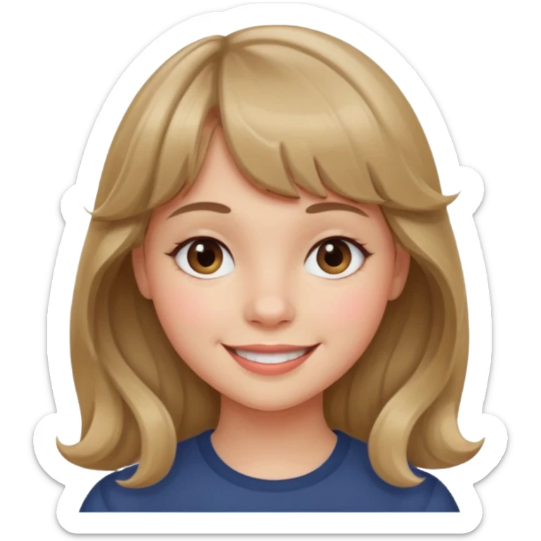 A girl with wavy, dark blonde hair, straight bangs, and straight eyes. She is smiling. sticker