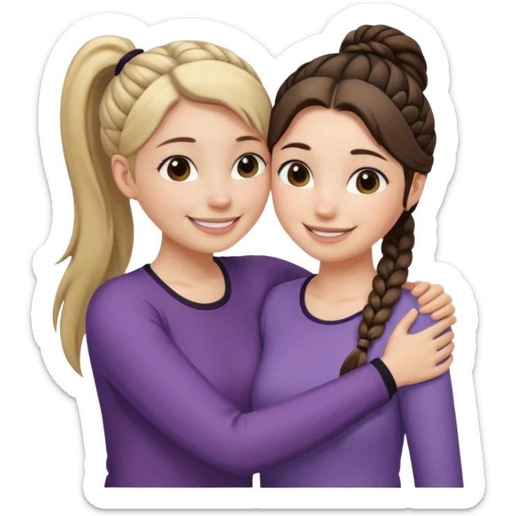 Comforting Hug two white skin women, one shorter woman with medium brown simple top ponytail, not braided, and one taller woman with a single long black side braid sticker