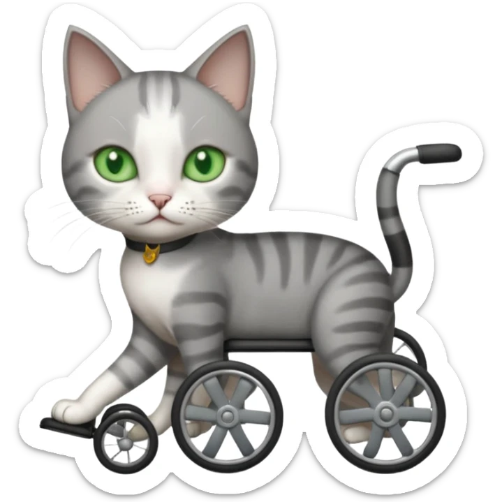 full body small short hair dark grey and white cat with green eyes walking in a wheelchair for cats sticker