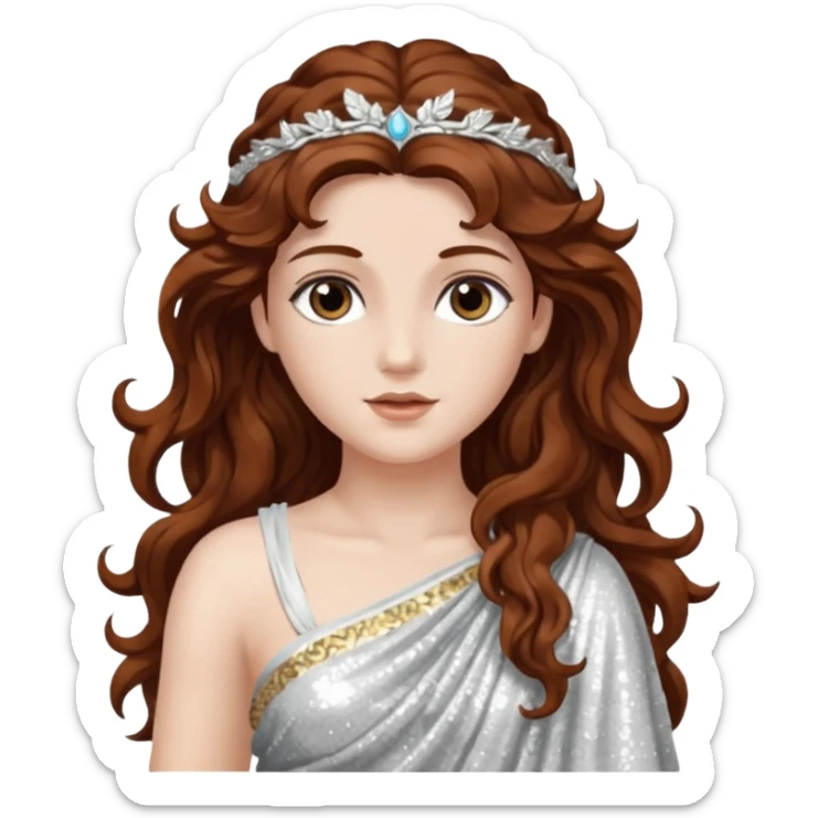 Diana, Goddess of Moon from Roman Deities with long dark auburn wavy hair, silver sequin toga sticker