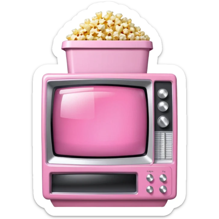 front view of transparent sparkly pink shiny CRT TV sitting on top of pink VCR, with pink/white rhinestone bucket of popcorn sitting next to it sticker