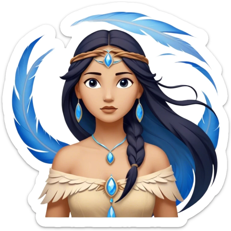 Cinematic Elegant Pocahontas Portrait Emoji, Standing serenely with a blue wind swirl around her, soft feathers in her hair, a tranquil yet powerful gaze, beauty beyond time, an ethereal aura of connection with nature, regal and enchanting! sticker
