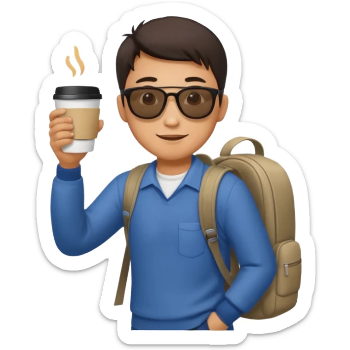 An asian man wearing sunglasses and carrying a backpack, holding a cup of coffee and waving his hand (in greeting) sticker