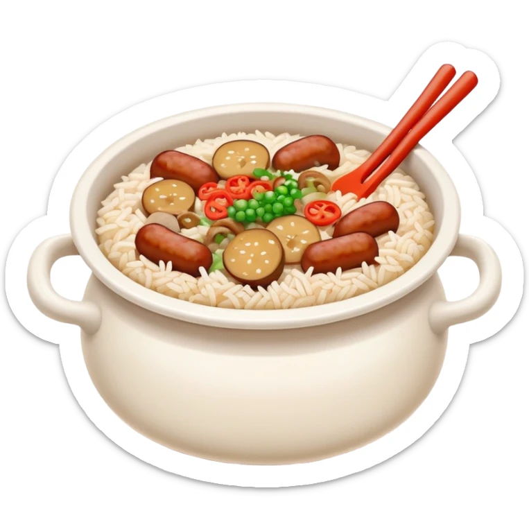 Guangdong clay pot rice with toppings and sauce, simplified emoji style with bold outlines and bright colors, cartoon style Cantonese Bo Zai Fan sticker