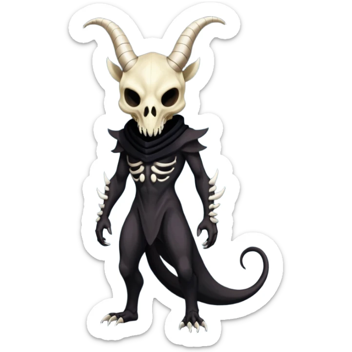 Shiny Dark Edgy  Duskull-Salandit-Inteleon-Amaura-Fakémon-hybrid-creature (full body) with a horned animal-skull-mask sticker