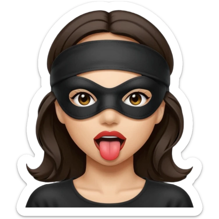 woman with dark brown hair wearing black blind fold completely covering her eyes. tongue out sticker
