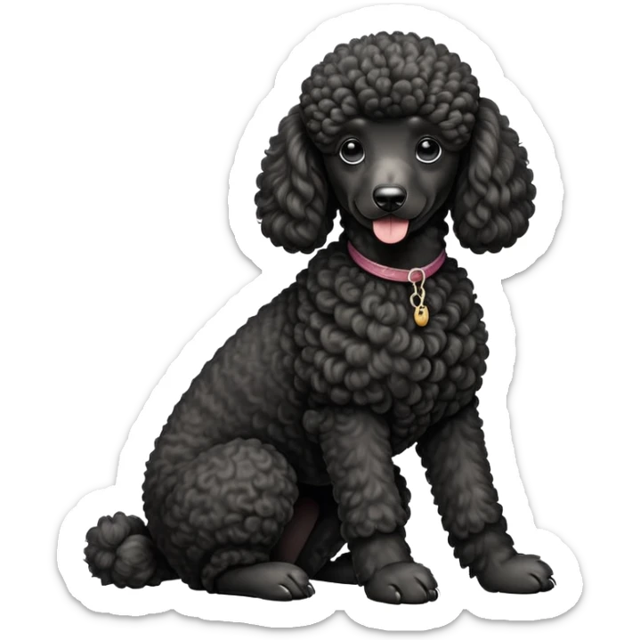 cinematic-[poodle]-realistic-full-body-sitting-emoji,-tail-resting-loosely-beside-its-paws,-head-tilted-dramatically, -curly-[black]-fur,-simplified-yet-realistic-focused-features,-highly-detailed,-glowing-with-an-almost-sarcastic-glow sticker