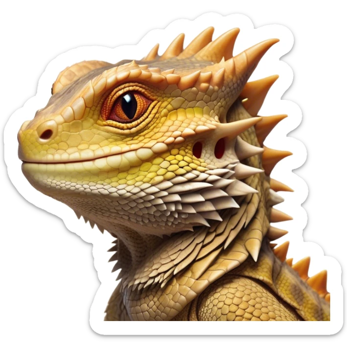 Cinematic Noble Bearded Dragon Portrait Emoji, Poised and regal, with a robust, angular build and a textured, scaled hide in earthy olive and sandy tones, a prominent spiky 'beard' beneath its chin and a keen, alert gaze, Simplified yet sharp and sophisticated features, highly detailed, glowing with a soft, dignified glow, high shine, intelligent and fierce, stylized with an air of desert majesty, focused and attentive, soft glowing outline, capturing the essence of a watchful and commanding reptile, so majestic it feels as though it could scuttle out of the screen with effortless authority! sticker
