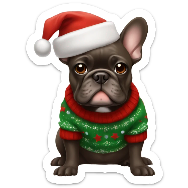 dark brown french bulldog wearing christmas hat and sweater sticker