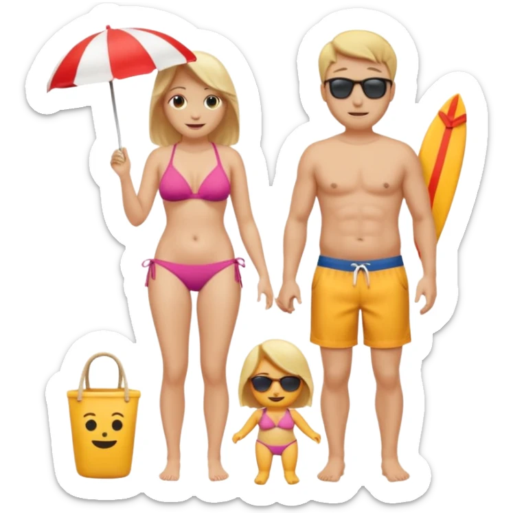 Ein Emoji, das ein älteres Paar am Strand zeigt: die Frau sehr schlank mit mittellangem, blondem Haar im Bikini, der Mann mit dickem Bauchz in Badeshorts. Beide sind im Ruhestand und liegen entspannt in Liegestühlen, um sich vom Stress des Rentnerlebens zu erholen mit sonnenschirm sticker