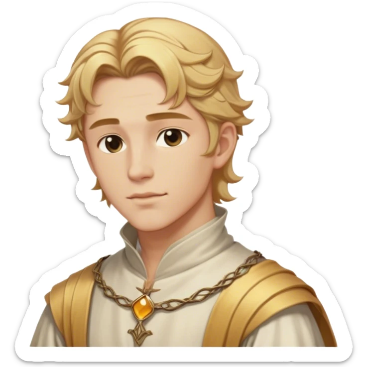 Medieval summer outfit worn by a DnD themed fantasy male character. Character has honey blonde hair swept back from the temples, reaching the nape of the neck with natural waves throughout. sticker