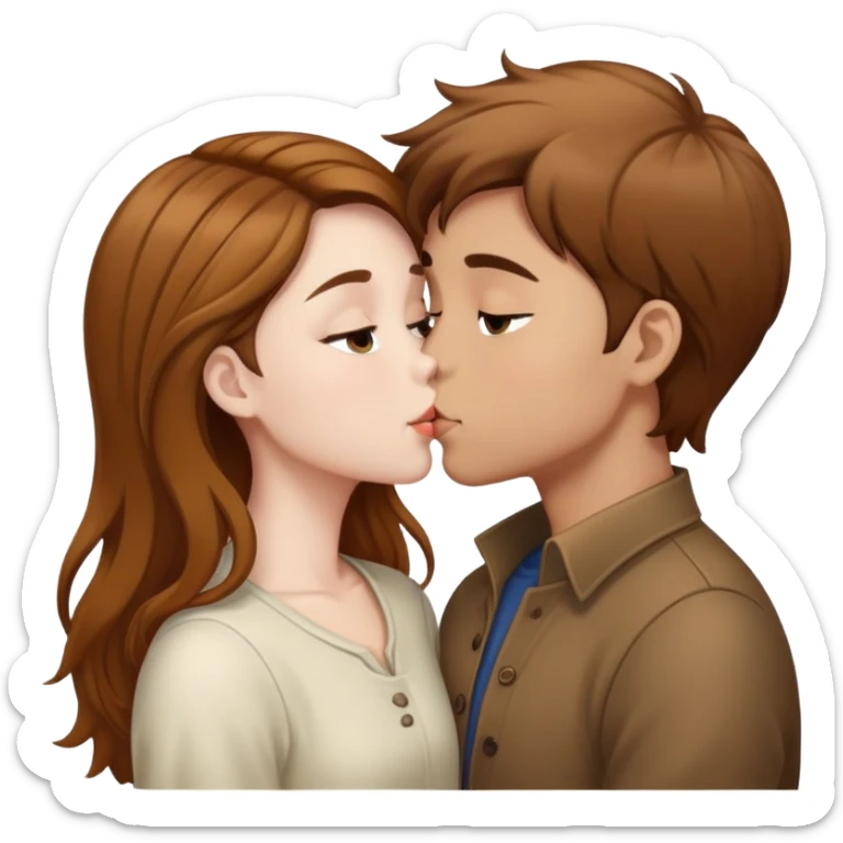 Brown curry hair boy and white brown hair girl kissing sticker