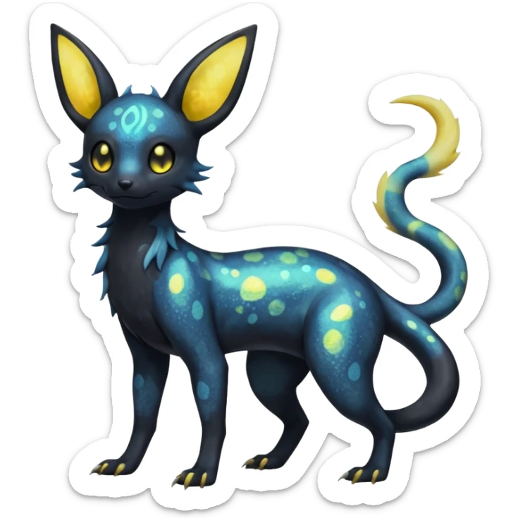 Rare epic aesthetic iridescent spooky gloomy colorful Salandit-Umbreon-Eevee-Genet-species-Fakemon-hybrid-creature, with markings, full body sticker