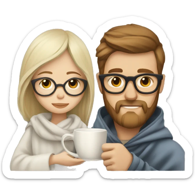 Pale blonde girl wearing glasses and bearded brown haired man drinking tea under blanket sticker
