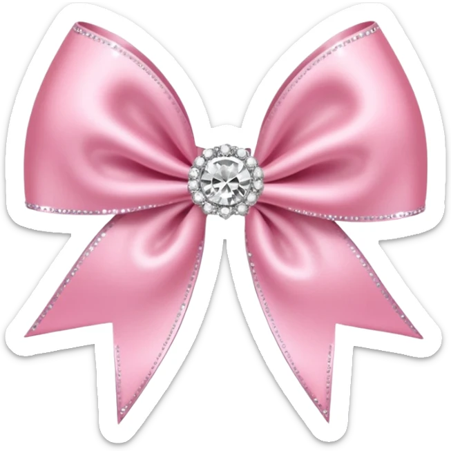 Cutesy pink bow emoji. Shiny baby pink satin ribbon. It's silver glitter sparkles on it. Shiny with rhinestones and shadowed to look three-dimensional sticker