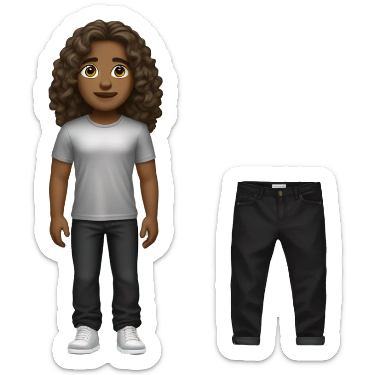 brown long wavy hair and brown eyes and black with silver t shirt and black pants and silver braclet and belinciaga shoes sticker