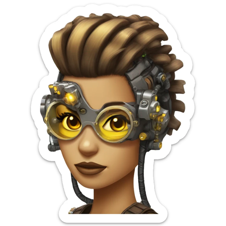 Brown with yellow streaks Mohawk hair female cyborg head, tan skin, steampunk goggles and circuits sticker