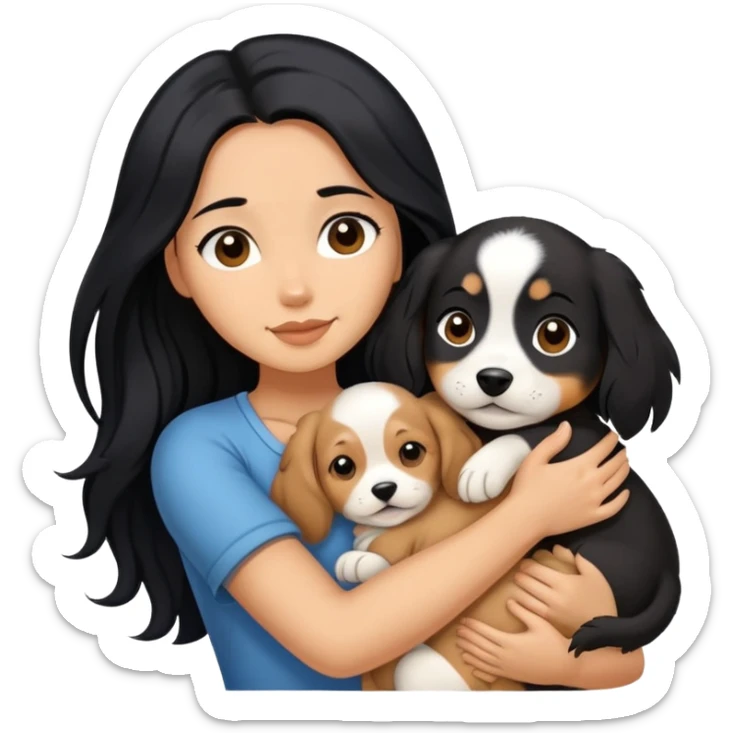 A woman with long black hair hugs a puppy tightly sticker
