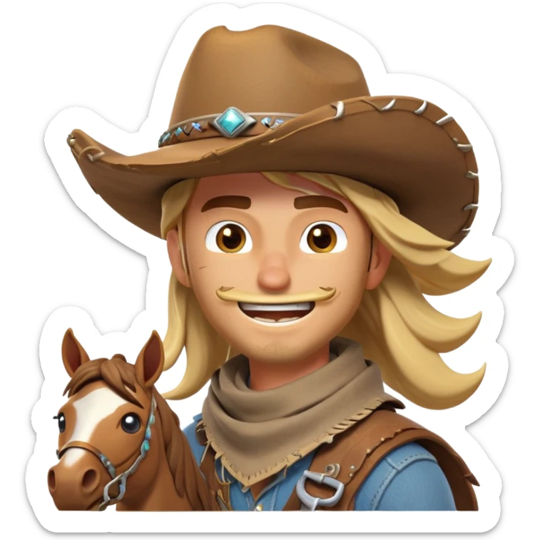 clash-of-clans-aesthetic_-cinematic-playful-cowboy-portrait-emoji, head-tilted with a roguish, cheeky grin and twinkling eyes, featuring a rugged, spirited build with a wide-brimmed cowboy hat and a weathered bandana on tan skin, riding a powerful galloping horse with dynamic flowing mane, reins gripped firmly in one hand and a lasso in the other, as dust swirls behind them in a vast desert landscape. sticker