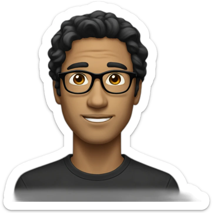 Beige guy, black eyes, black long wavy hair, no facial hair, thin long nose, round glasses, black t shirt sticker