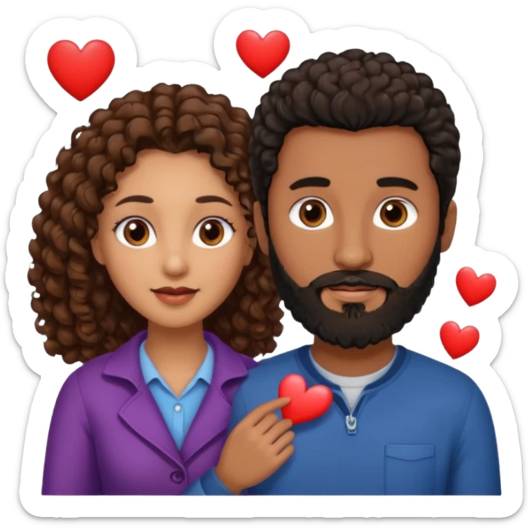 pareja de Mujer morena rizada cabello largo castaño ojos oscuros y hombre blanco con cabello negro corto con barba y ojos marron alrededor de la pareja corazones sticker
