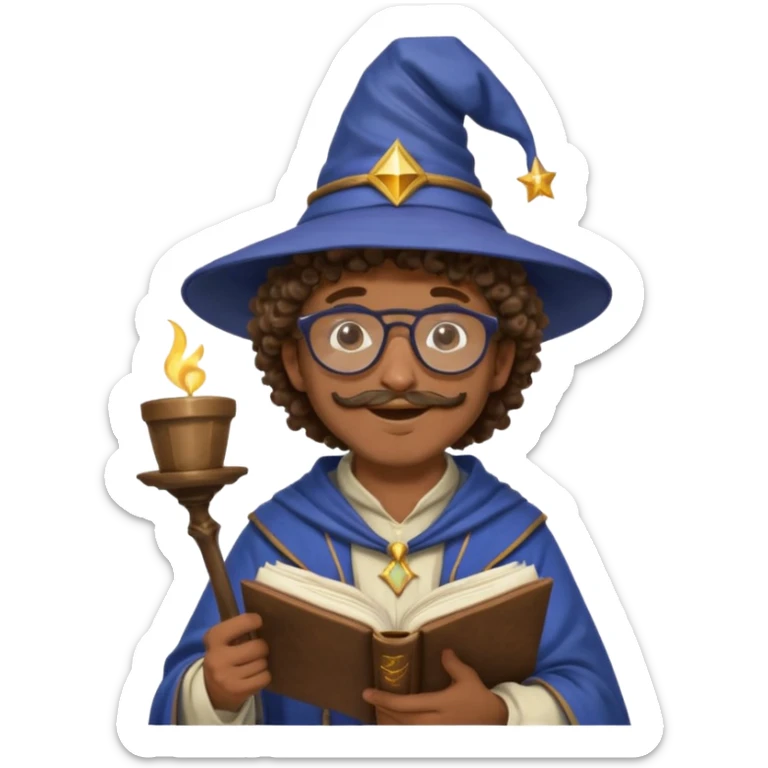 A Joyful Adult Male with Brown skin and Curly hair, wearing a Traditional outfit, a Wizard hat, Sunglasses, carrying a Spellbook, working as a farmer, while drinking Coffee and reading a Textbook. sticker