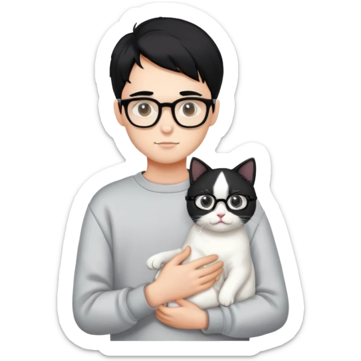 A handsome boy wearing a sweatshirt, black hair and glasses is holding a white cat sticker